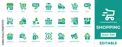 Shopping Icon Set. Features editable icons for shopping symbols, cart, sale, purchase, delivery, payment, coupon, and product. Perfect for online stores, e-commerce platforms, and retail businesses.
