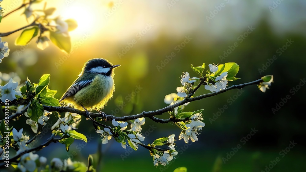 Obraz premium Spring rebirth awakening concept, Birds returning and singing at dawn, symbolizing spring awakening.