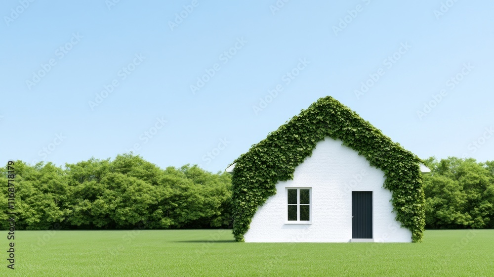 Fototapeta premium A white house covered in greenery against a clear blue sky.