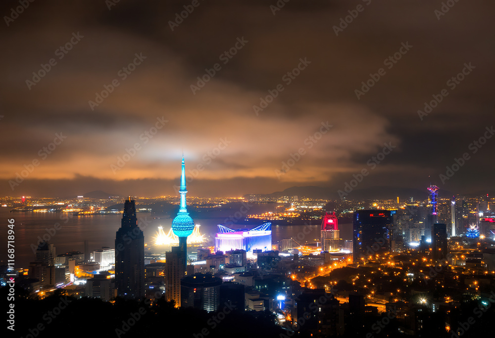 A photo of a night skyline city with bright lights A photo of a night skyline city with bright lights