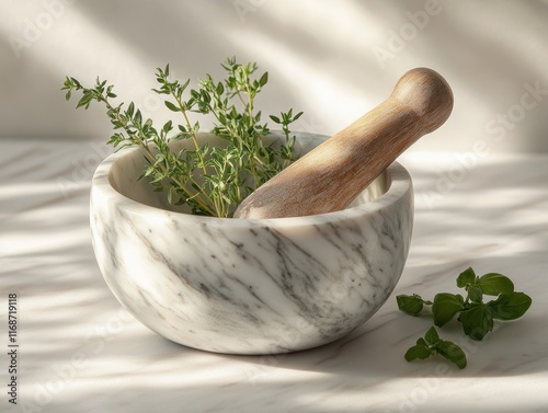 Marble Mortar and Pestle with Fresh Herbs on a White Table