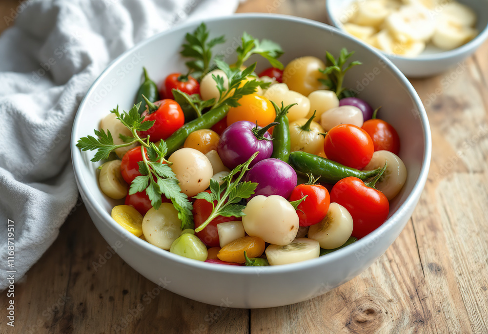 A photo of a white bowl with a variety of pickled vegetables A photo of a white bowl with a variety of pickled vegetables