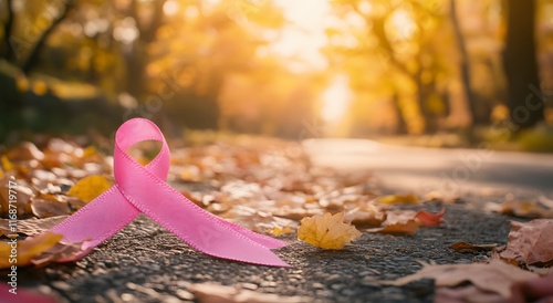A pink ribbon represents breast cancer awareness against a blurred background of nature. It inspires courage to recover from cancer and increases interest in quality treatment.