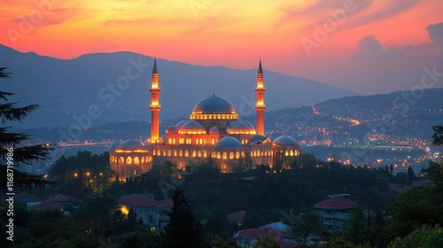 Illuminated mosque at sunset, overlooking city and mountains. photo