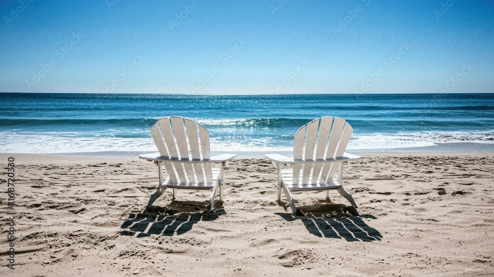 Two beach chairs on the sand with a view of the ocean. Two beach chairs on the sand with a view of the ocean.