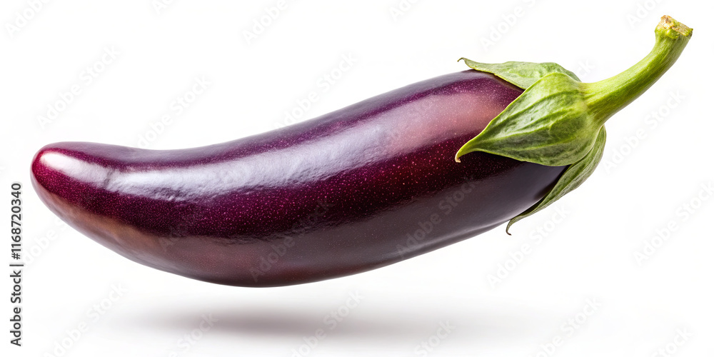 A single, glossy eggplant rests against a white backdrop, highlighting its rich purple skin and tapered shape. The green stem adds a touch of natural contrast to its appearance A single, glossy eggplant rests against a white backdrop, highlighting its rich purple skin and tapered shape. The green stem adds a touch of natural contrast to its appearance