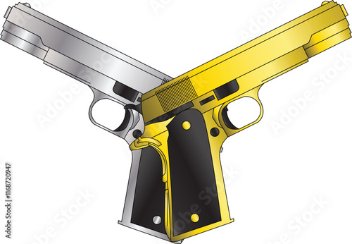the illustration of a dual hand gun with silver and gold combination.