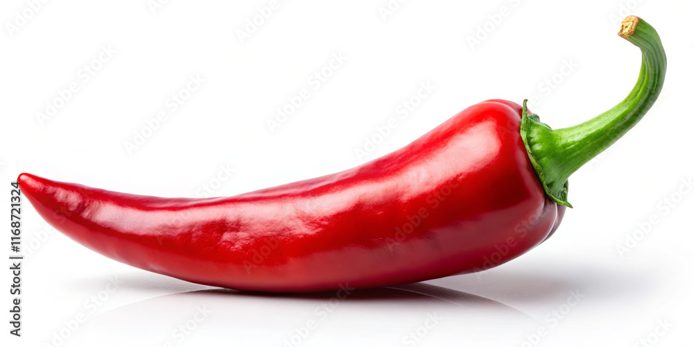 A single red chili pepper rests on a white surface, showcasing its glossy texture and elongated shape. The green stem adds a vibrant contrast to the red A single red chili pepper rests on a white surface, showcasing its glossy texture and elongated shape. The green stem adds a vibrant contrast to the red