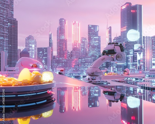 Futuristic cityscape at dawn. Neon lights reflect on a calm water surface.  Flying vehicles and unique architecture showcase a technologically advanced city. photo