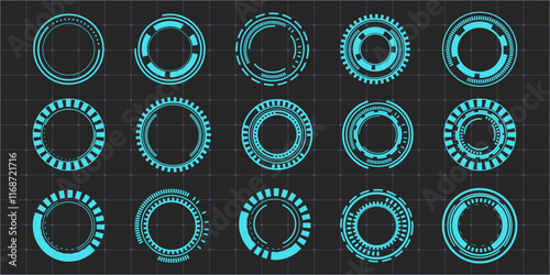 Hud aim pointer optical target, Futuristic focus range indicators, laser crosshair collimator sight. Measurement sniper for sniper gun. Game interface design ui element