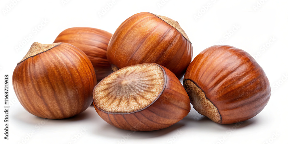 A collection of whole hazelnuts is displayed prominently against a clean white background. These nuts exhibit a shiny, brown surface and a natural, earthy appearance A collection of whole hazelnuts is displayed prominently against a clean white background. These nuts exhibit a shiny, brown surface and a natural, earthy appearance