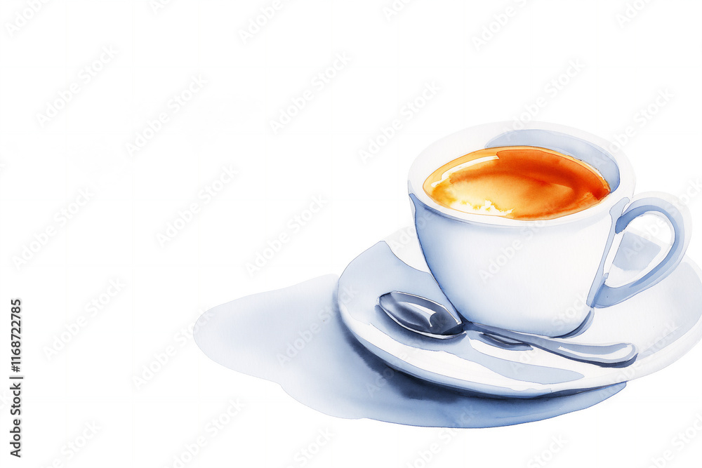 Watercolor illustration of a classic espresso in a white cup with a saucer and spoon, featuring rich crema on top. Copy space Watercolor illustration of a classic espresso in a white cup with a saucer and spoon, featuring rich crema on top. Copy space