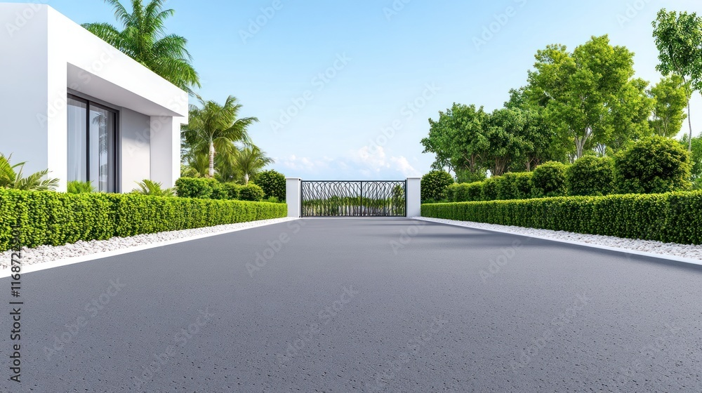 Modern driveway leading to a gated entrance surrounded by greenery. Modern driveway leading to a gated entrance surrounded by greenery.