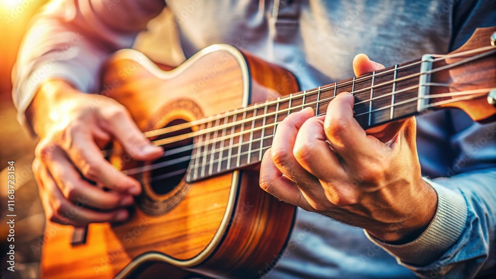 Fototapeta premium Documentary Photo: Close-up of Hands Playing D Minor Ukulele Chord