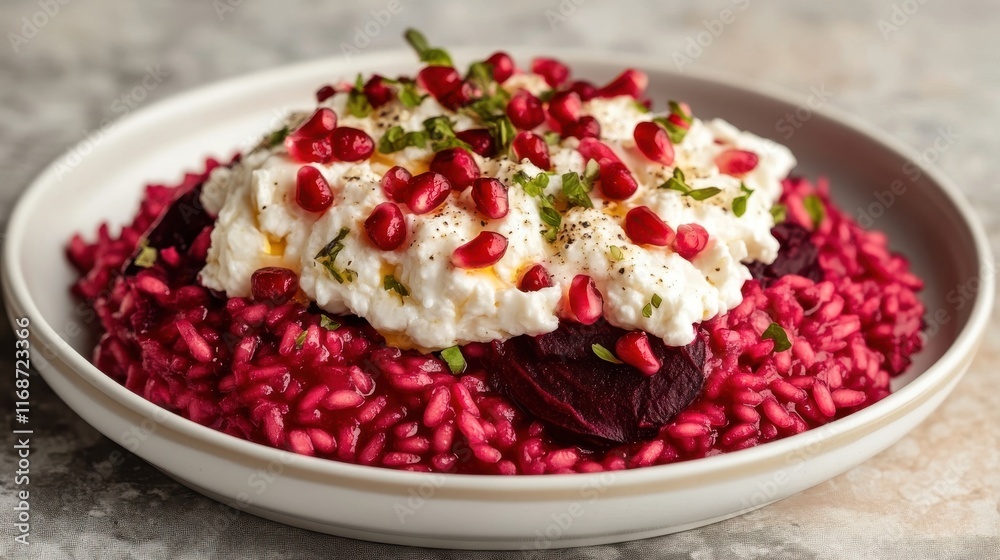Beetroot risotto with burrata and pomegranate seeds on white dish Beetroot risotto with burrata and pomegranate seeds on white dish