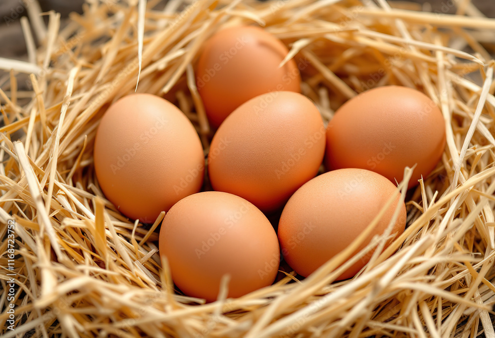 A rustic scene of six brown eggs nestled on a bed of dry, golden-brown straw A rustic scene of six brown eggs nestled on a bed of dry, golden-brown straw