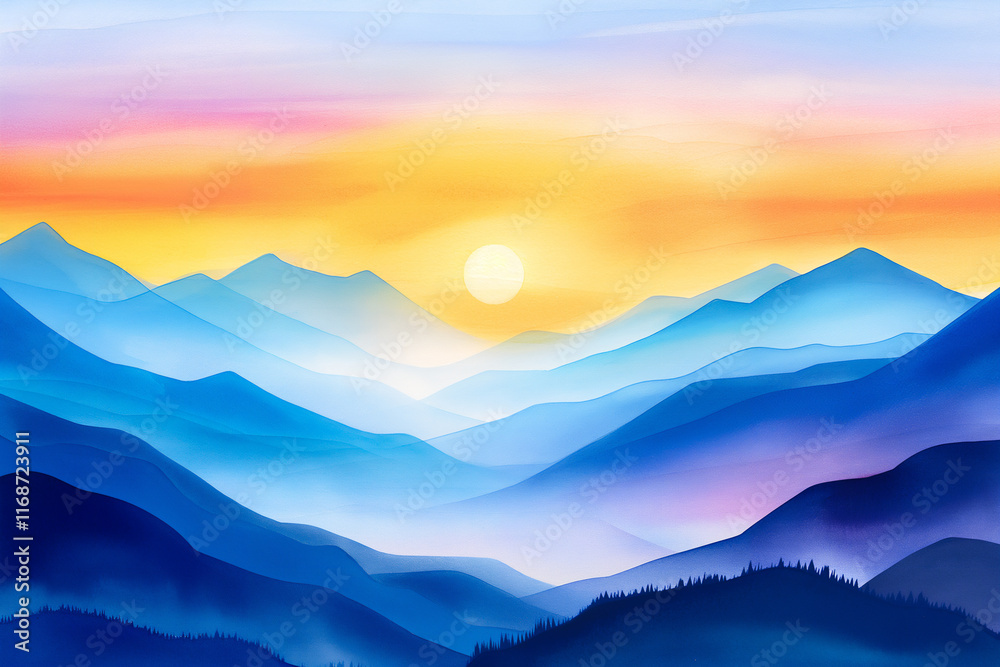Obraz premium Watercolor painting of a serene mountain landscape at sunrise with layered blue hills, a glowing sun, and a colorful sky blending warm and cool tones