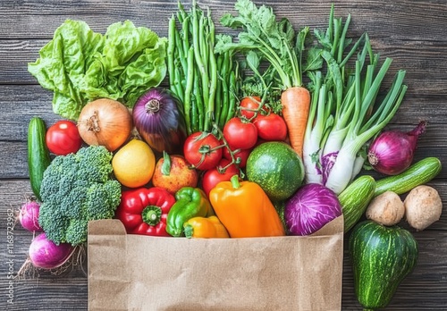 Fresh Organic Vegetables and Greens Displayed on Wooden Table in Eco-Friendly Bag, Perfect for Healthy Eating, Cooking, and Local Farming Inspiration