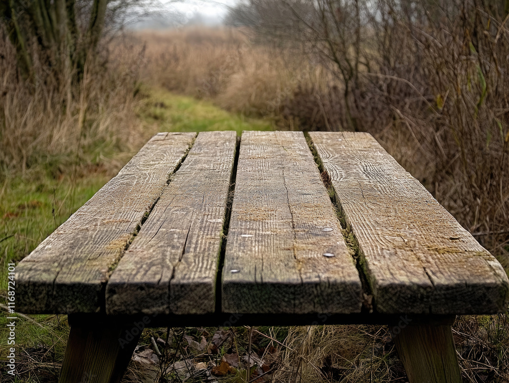Fototapeta premium A worn wooden table board in a countryside setting, with faint carvings and a faded finish evoking a sense of history 