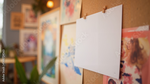 Blank canvas inspirational display against colorful pinboard for creative workspace