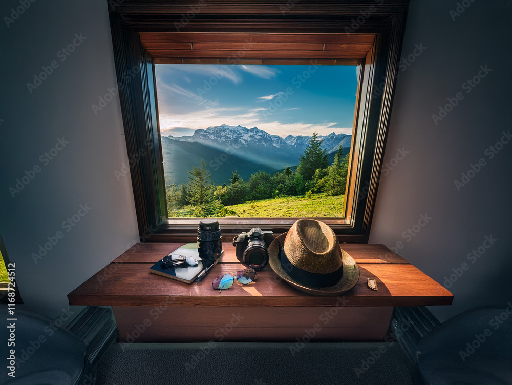 Fototapeta premium Sunlit mountain vista viewed through a window from a cozy room. Travel gear camera, hat, phone rests on a wooden sill, hinting at adventure and exploration.
