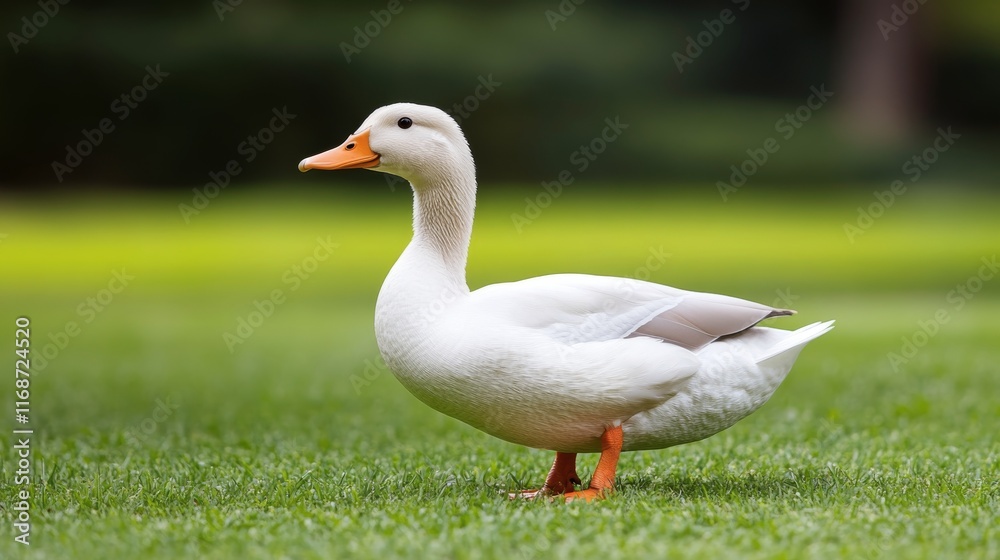 Diverse suburban park setting with a white duck standing gracefully on lush green grass Diverse suburban park setting with a white duck standing gracefully on lush green grass