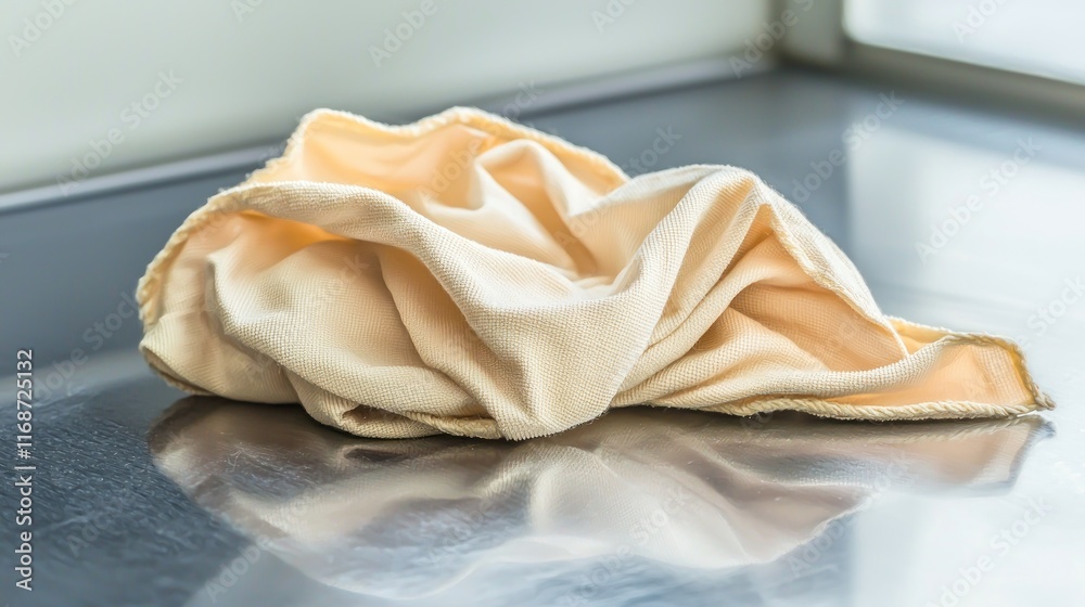 A crumpled beige cloth resting on a reflective surface. A crumpled beige cloth resting on a reflective surface.