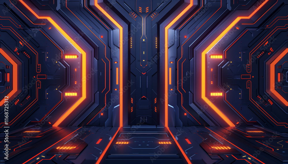 High-tech futuristic interior background featuring neon orange and blue lights High-tech futuristic interior background featuring neon orange and blue lights