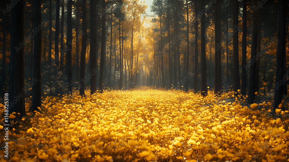 Obraz premium A highly detailed photography of a dense pine forest during autumn, showcasing golden leaves carpeting the forest floor and a vibrant play of warm sunlight streaming through the trees.