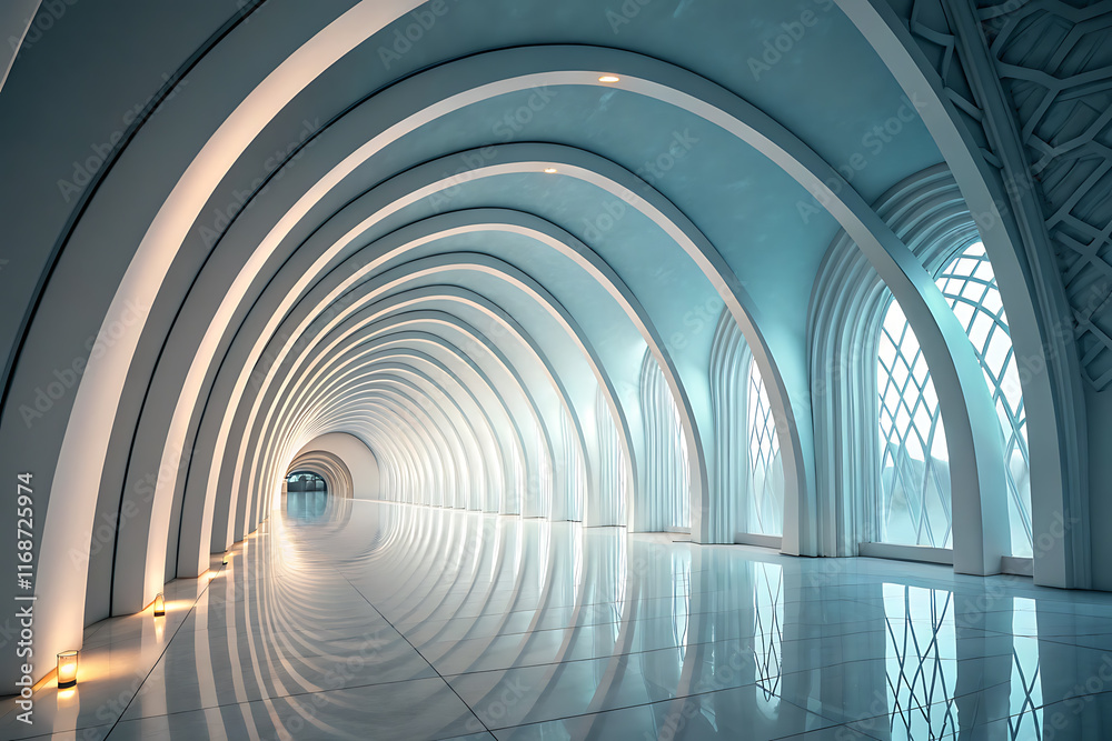 Fototapeta premium A futuristic 3D-rendered corridor with repeating arches, smooth reflective surfaces, and a soft ethereal glow. Muted tones of light blue and white enhance its sleek, otherworldly vibe