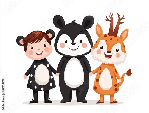 Cute cartoon characters of girl and animal friends in playful costumes in bright colors photo