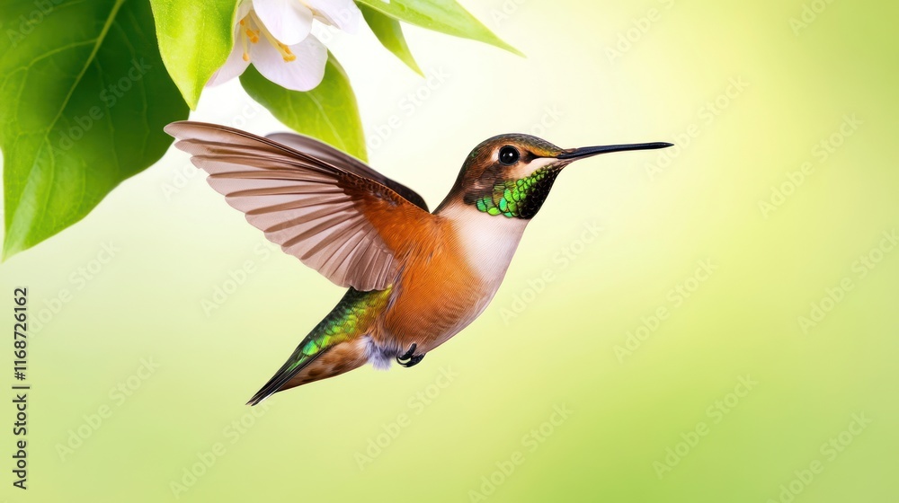 Fototapeta premium A vibrant hummingbird in flight near green leaves and flowers.