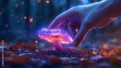 Luminous Bioluminescent Mushroom in a Mystical Forest. Generative AI photo