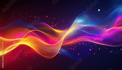 A vibrant background with colorful light rays and glowing particles
