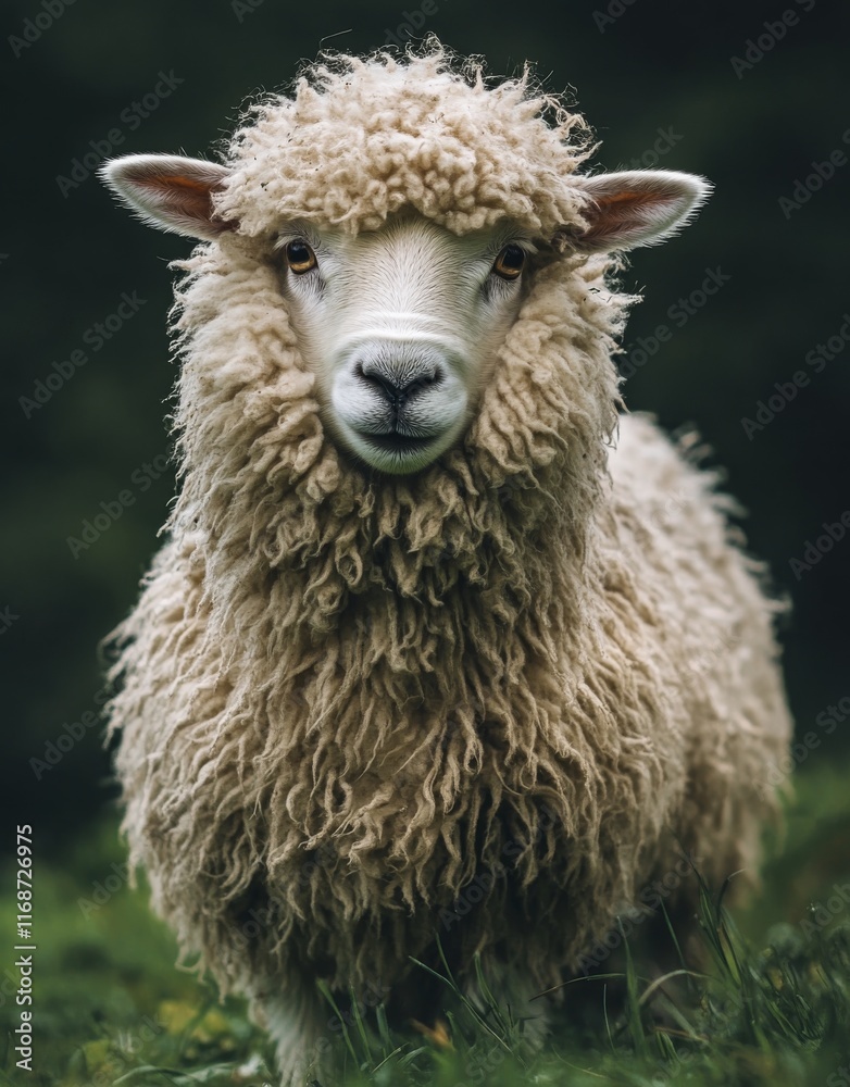 Sheep with fluffy wool standing in a green pasture during a cloudy day Sheep with fluffy wool standing in a green pasture during a cloudy day