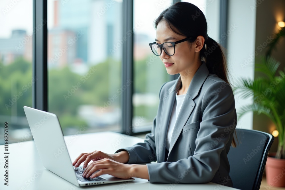 Focused Businesswoman Working on Laptop in Modern Office with City View - Perfect for Business, Marketing, and Professional Concepts Focused Businesswoman Working on Laptop in Modern Office with City View - Perfect for Business, Marketing, and Professional Concepts