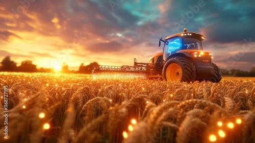 Futuristic wheat field with smart harvester and holographic data. Generative AI photo