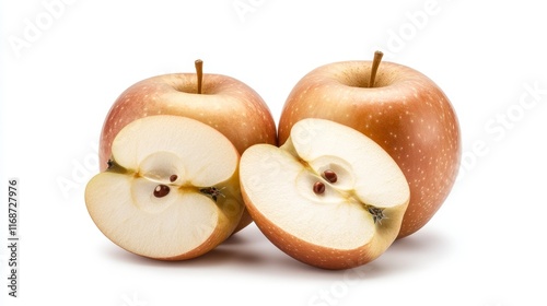 Two fresh apples with one sliced in half, revealing seeds and texture, against a clean white background. photo