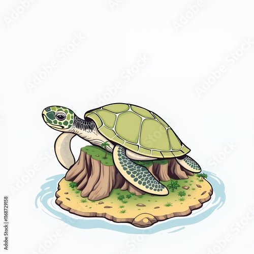 cartoon turtle on a small island with grass and water. photo