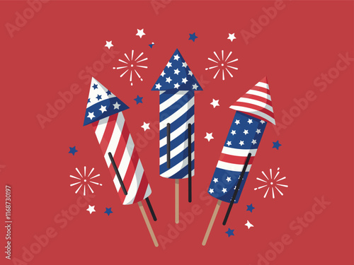 Fireworks and rockets in red, white, and blue colors, suitable for 4th of July and Independence Day events.