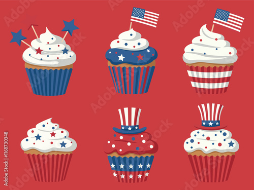 Cupcakes decorated with American flags and patriotic colors, perfect for 4th of July celebrations and Independence Day parties.