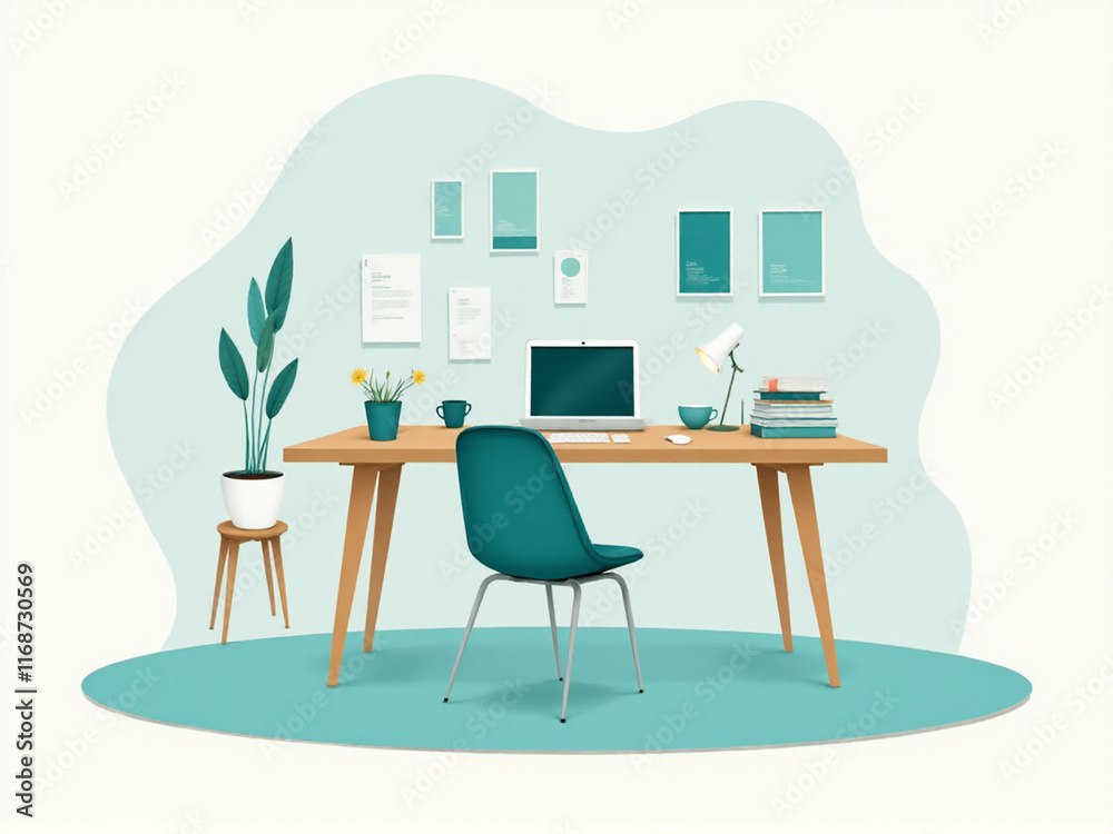 A modern minimalist home office setup featuring a stylish desk, computer, and decorative elements. A modern minimalist home office setup featuring a stylish desk, computer, and decorative elements.