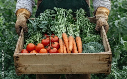 Freshly Harvested Vegetables Collected in a Wooden Crate by a Farmer in Green Fields Surrounded by Lush Produce, Showcasing Organic Farming Practices