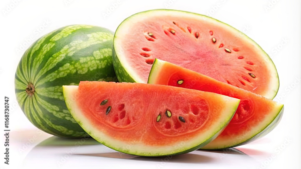 Juicy watermelon pieces are arranged attractively alongside a whole watermelon on a bright white surface, showcasing vibrant colors and refreshing texture Juicy watermelon pieces are arranged attractively alongside a whole watermelon on a bright white surface, showcasing vibrant colors and refreshing texture