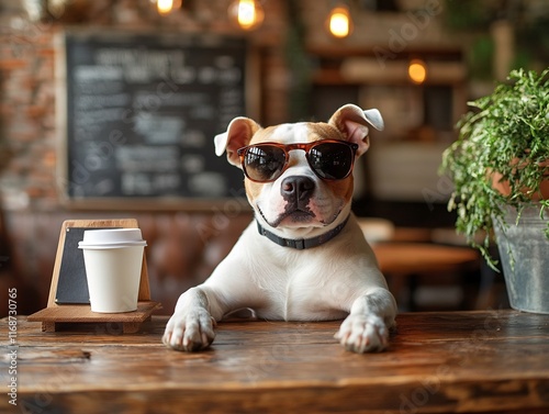 Cool Dog Posing Chicly at Coffee Shop: Close-Up Photo. AI Generated photo