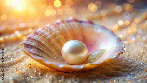 Luminous Organic Pearl in Seashell, Soft Bokeh Background, Close-up Macro Shot