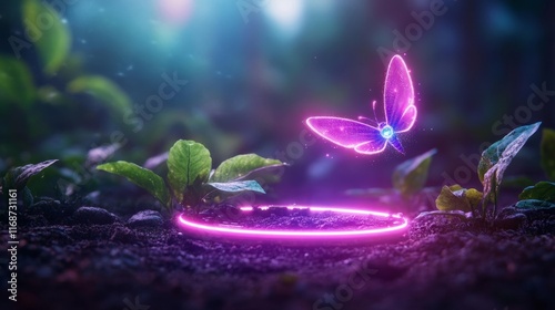 Holographic Pollinator in Futuristic Digital Orchard. Generative AI photo