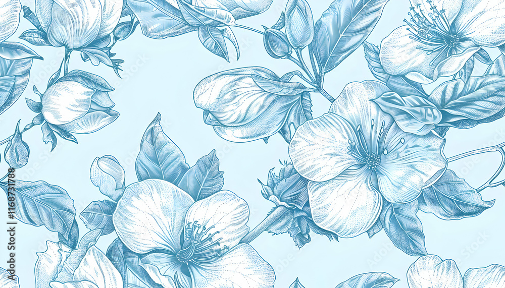 Obraz premium Blue Floral Illustration Seamless Pattern Background