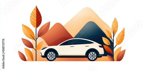 Electric Vehicle Charger Market concept. Stylized car in autumn landscape with mountains and leaves. photo