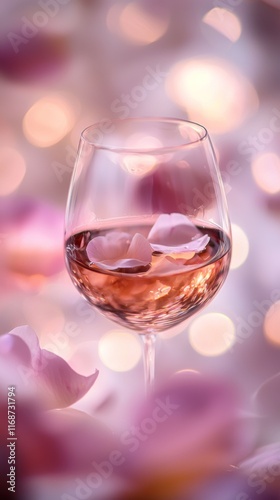 Elegant glass of rosé wine with flower petals on a soft background at a social gathering